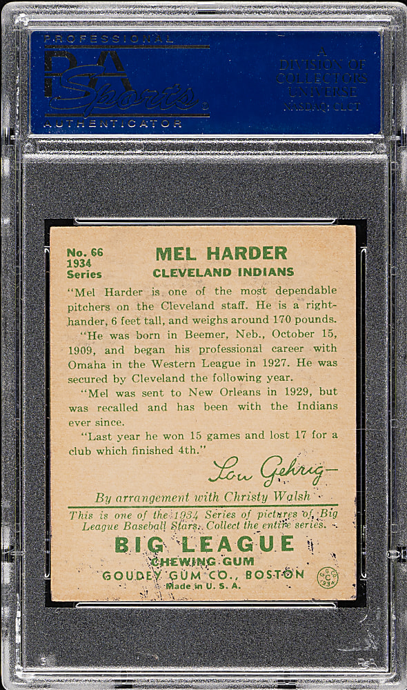 Signed 1934 R320 Goudey #66 Mel Harder - PSA/DNA