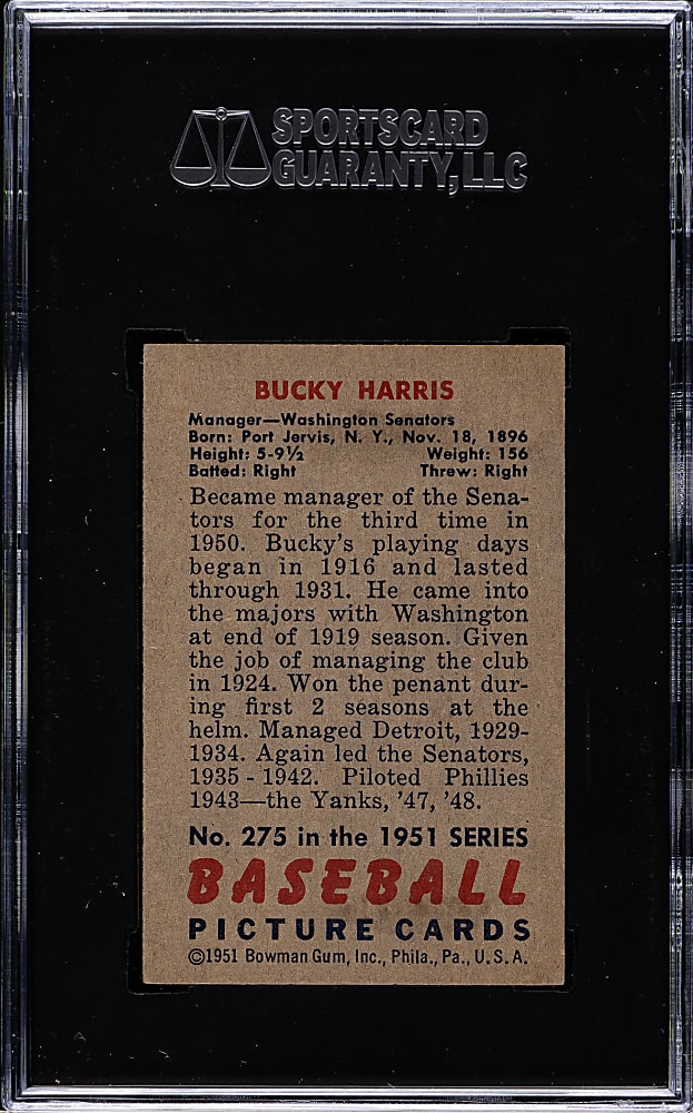 Signed 1951 Bowman #275 Bucky Harris - SGC