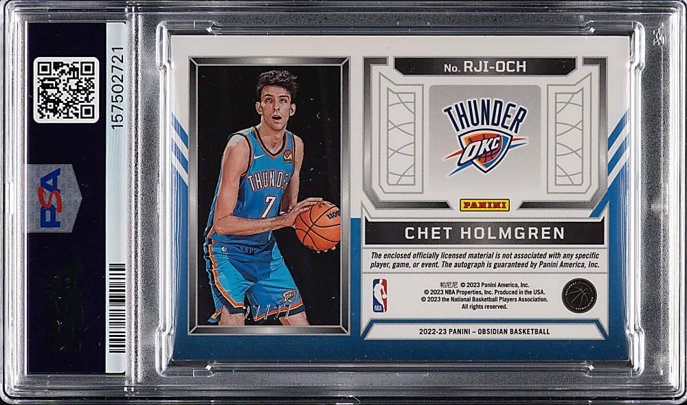 2022-2023 Panini Obsidian Rookie Jersey Ink Autographs Basketball #RJI-OCH Chet Holmgren Electric Etch Blue Flood #27/27 PSA EX-MT 6