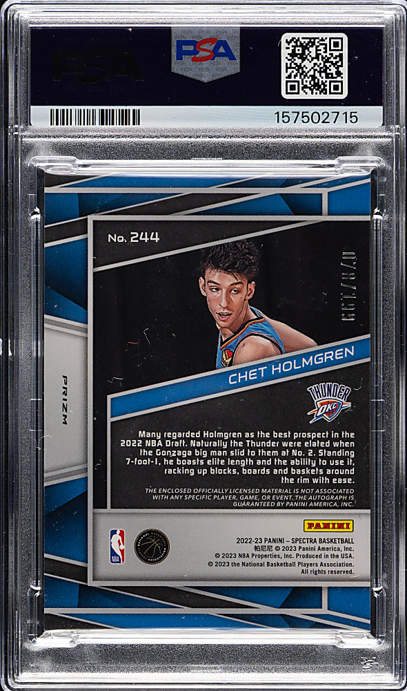 2022-2023 Panini Spectra Jersey Autographs Basketball #244 Chet Holmgren Rookie #78/199 PSA MINT 9