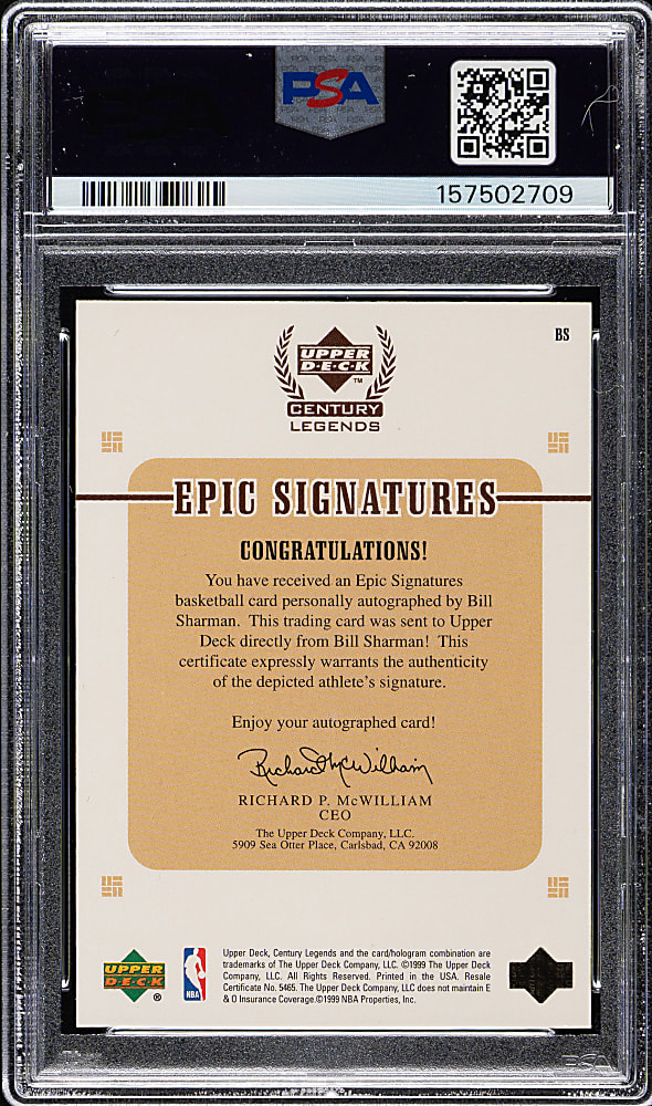 1998-1999 Upper Deck Century Legends Epic Signatures Basketball #BS Bill Sharman #3/100 PSA MINT 9