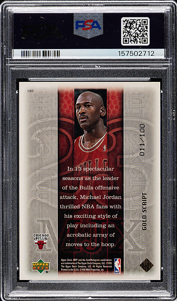 1999-2000 Upper Deck MVP Basketball #183 Michael Jordan Gold Script #11/100 PSA NM-MT 8
