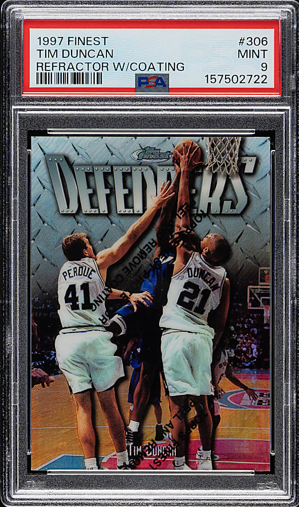 1997-1998 Topps Finest Basketball #306 Tim Duncan Rookie Refractor #1,036/1,090 PSA MINT 9