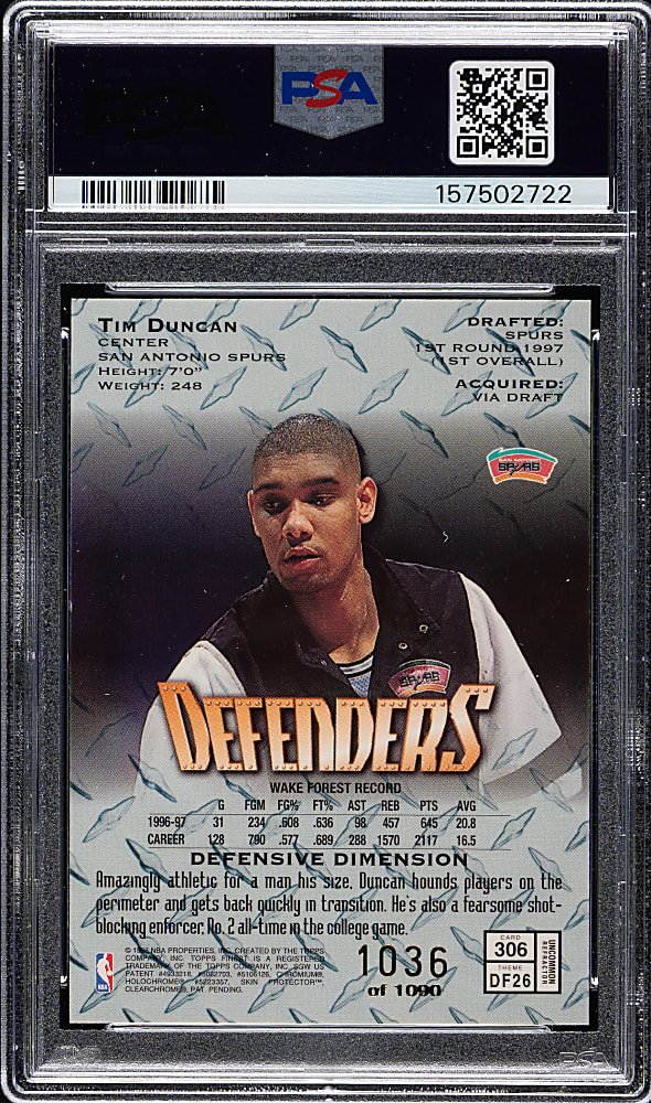 1997-1998 Topps Finest Basketball #306 Tim Duncan Rookie Refractor #1,036/1,090 PSA MINT 9