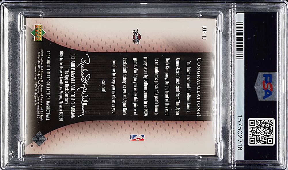 2005-2006 Upper Deck Ultimate Collection Ultimate Game Jersey Patches Basketball #UJP-LJ LeBron James #11/75 PSA EX-MT 6