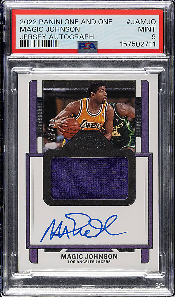 2022-2023 Panini One and One Jersey Autographs Basketball #JA-MJO Magic Johnson #47/49 PSA MINT 9