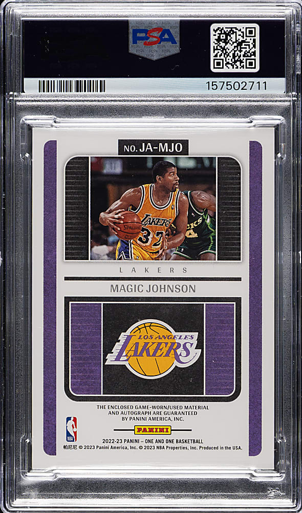 2022-2023 Panini One and One Jersey Autographs Basketball #JA-MJO Magic Johnson #47/49 PSA MINT 9