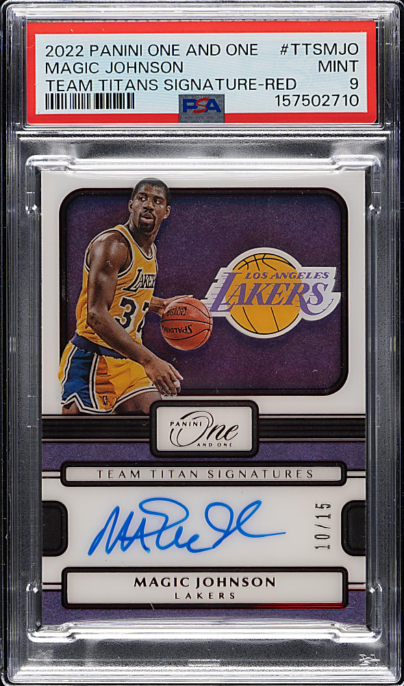 2022-2023 Panini One and One Team Titans Signatures Basketball #TTS-MJO Magic Johnson #10/15 PSA MINT 9