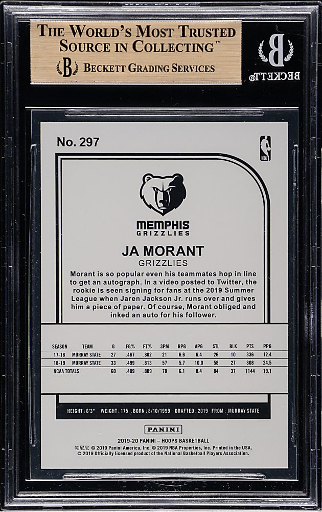 2019-2020 Panini Hoops Basketball #297 Ja Morant Rookie BGS GEM MINT 9.5