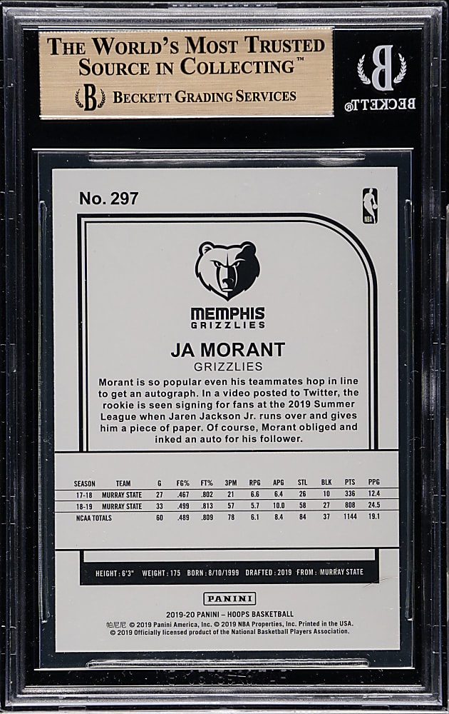 2019-2020 Panini Hoops Basketball #297 Ja Morant Rookie BGS GEM MINT 9.5