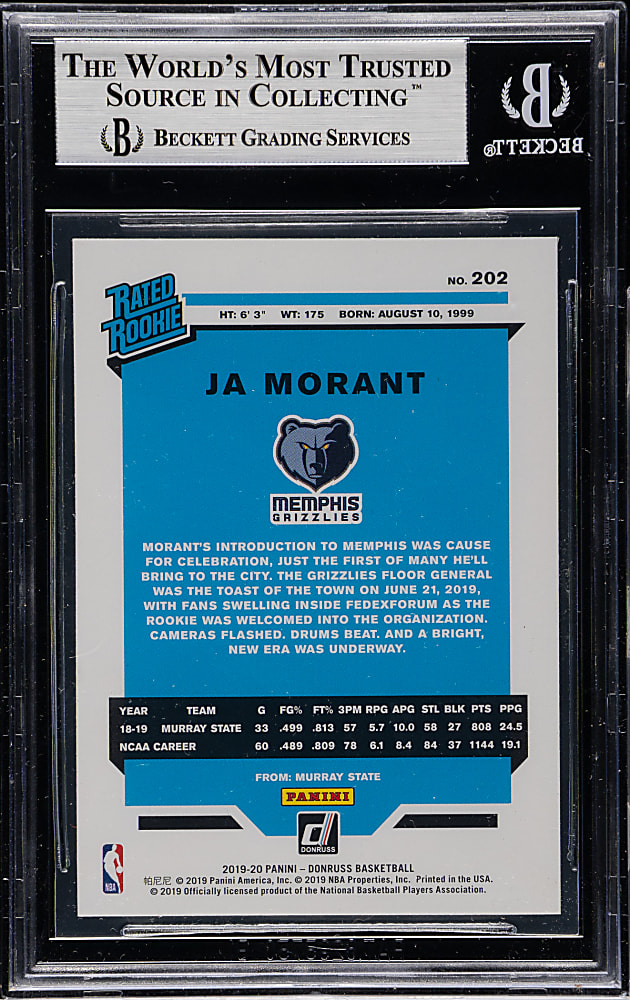 2019-2020 Donruss Basketball #202 Ja Morant Rookie BGS MINT 9