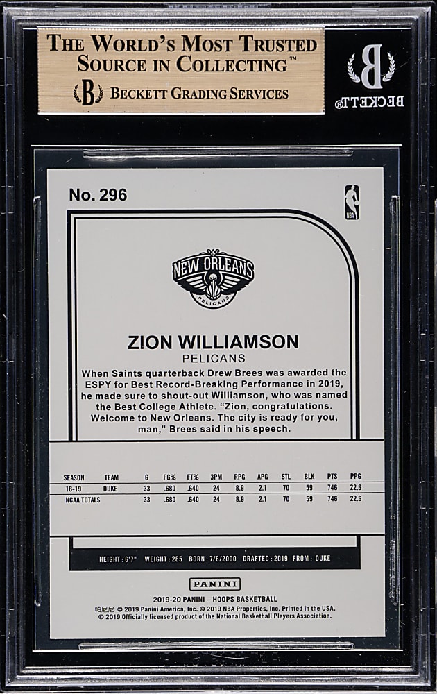 2019-2020 Panini Hoops Basketball #296 Zion Williamson Rookie BGS GEM MINT 9.5