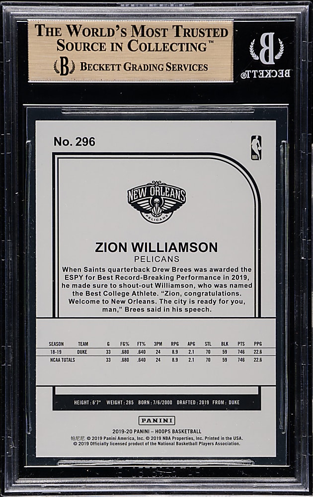 2019-2020 Panini Hoops Basketball #296 Zion Williamson Rookie BGS GEM MINT 9.5