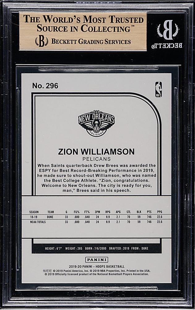 2019-2020 Panini Hoops Basketball #296 Zion Williamson Rookie BGS GEM MINT 9.5