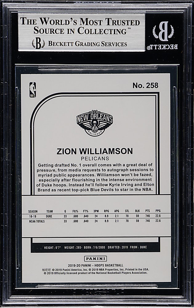 2019-2020 Panini Hoops Basketball #258 Zion Williamson Rookie BGS MINT 9