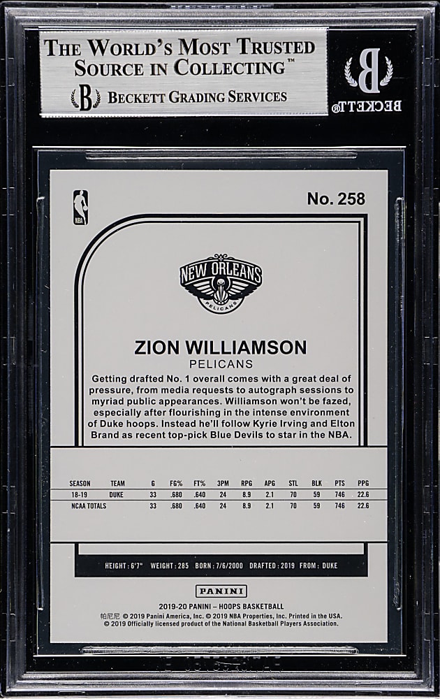 2019-2020 Panini Hoops Basketball #258 Zion Williamson Rookie BGS MINT 9