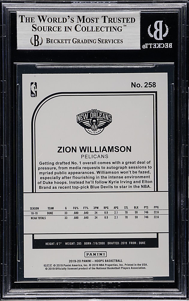 2019-2020 Panini Hoops Basketball #258 Zion Williamson Rookie BGS MINT 9
