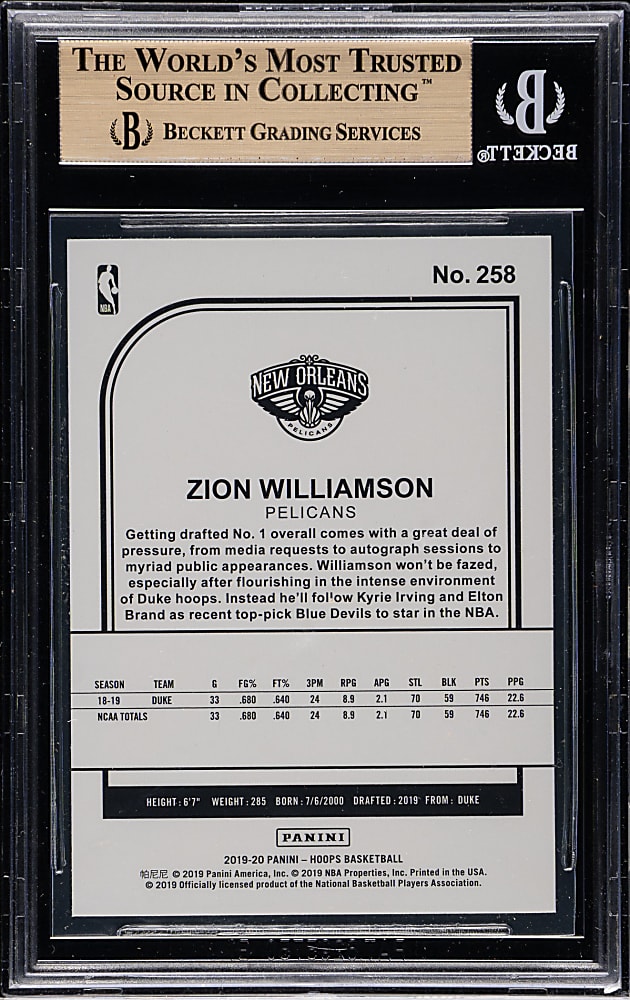 2019-2020 Panini Hoops Basketball #258 Zion Williamson Rookie BGS GEM MINT 9.5