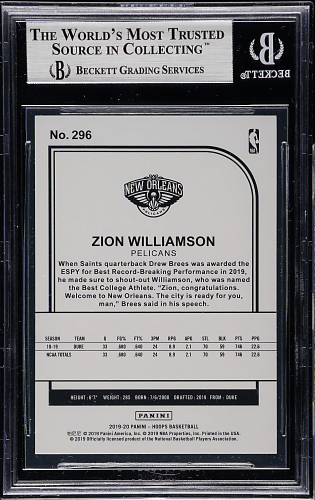 2019-2020 Panini Hoops Basketball #296 Zion Williamson Rookie BGS MINT 9
