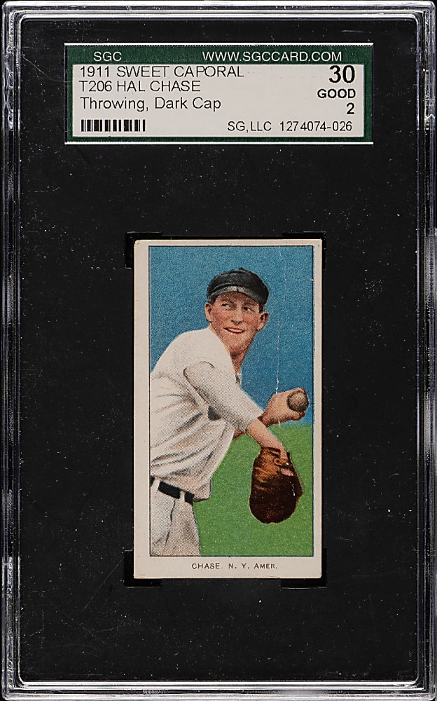 1909-1911 T206 White Border Hal Chase Throwing Dark Cap SGC GOOD 30