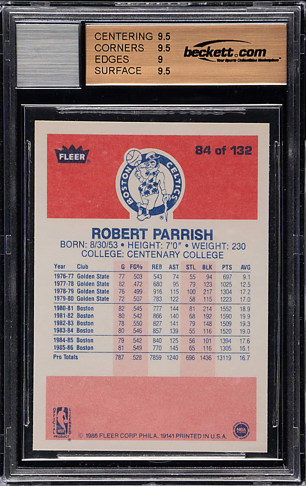 Signed 1986-1987 Fleer Basketball #84 Robert Parrish BGS/JSA GEM MINT 9.5 with GEM MINT 10 Signature