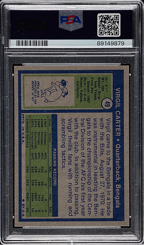 1972 Topps Football #49 Virgil Carter PSA MINT 9
