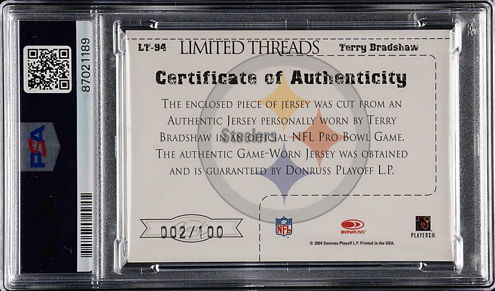 2004 Leaf Limited Threads Football #LT-94 Terry Bradshaw #2/100 PSA MINT 9