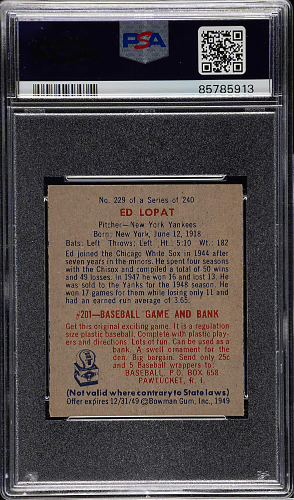 1949 Bowman #229 Ed Lopat Rookie PSA NM 7