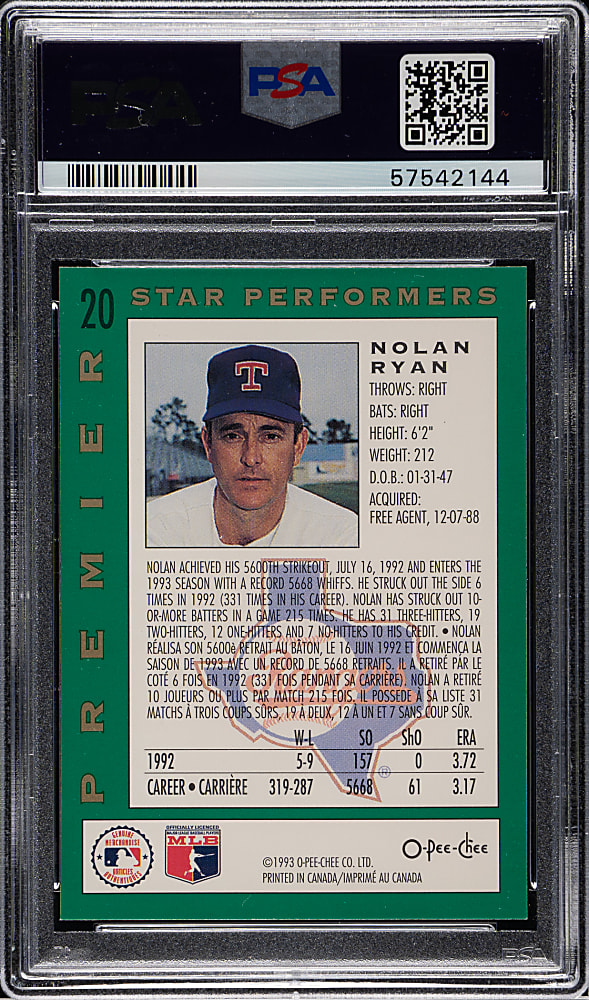 1993 O-Pee-Chee Premier Star Performers #20 Nolan Ryan PSA GEM MINT 10