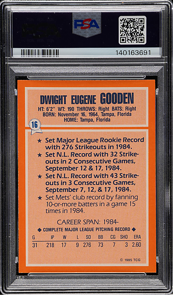 1985 Topps Woolworth All Time Record Holders #16 Dwight Gooden PSA GEM MINT 10