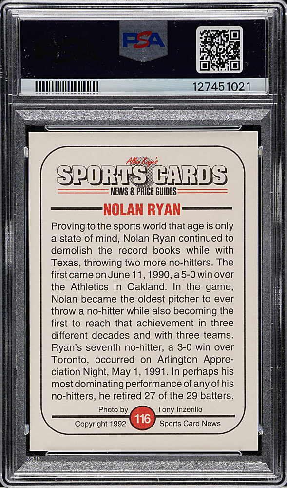 1992 Sports Cards News #116 Nolan Ryan PSA GEM MINT 10