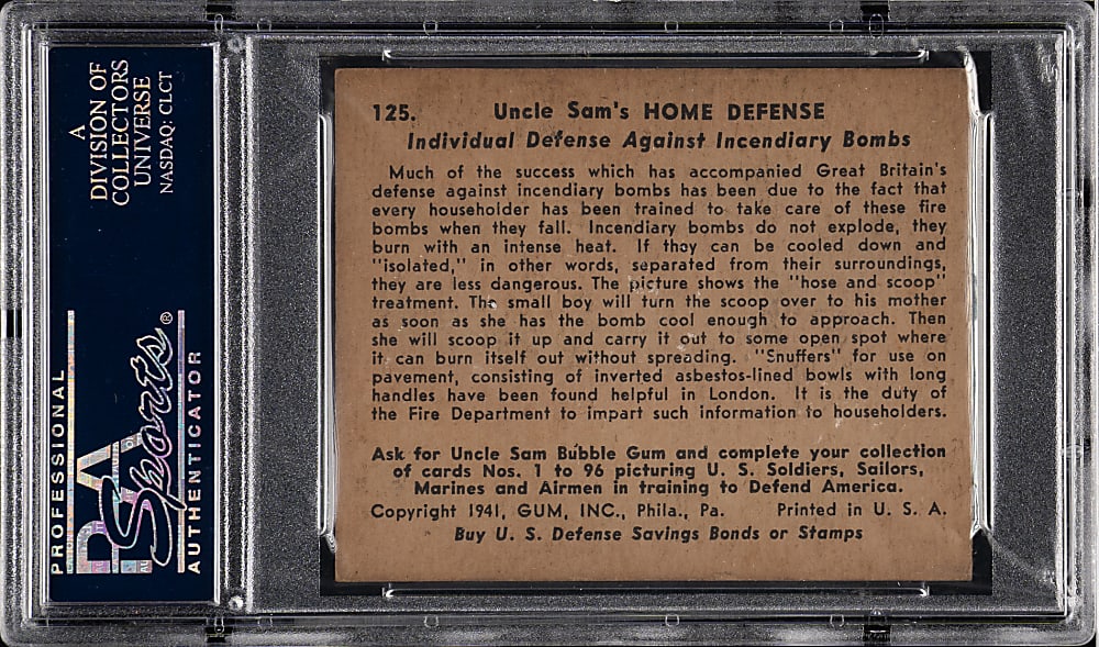 1941 R157 Gum, Inc. "Uncle Sam" #125 Individual Defense Against Incendiary Bombs PSA VG-EX 4