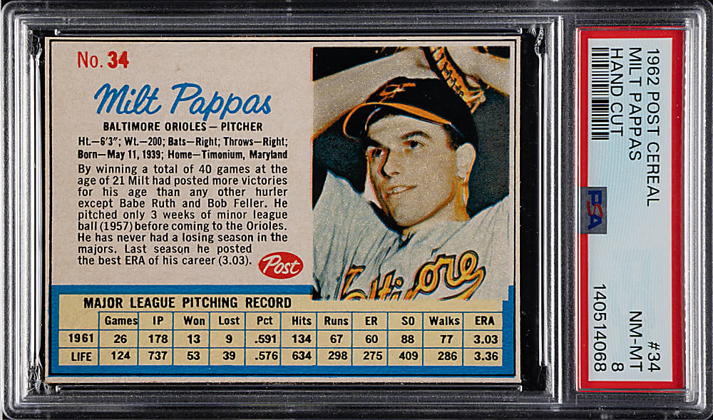 1962 Post Cereal #34 Milt Pappas PSA NM-MT 8