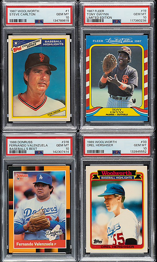 1987 to 1989 Topps Woolworth, Fleer, and Donruss PSA GEM MINT 10 Collection (4) Including Steve Carlton and Tony Gwynn