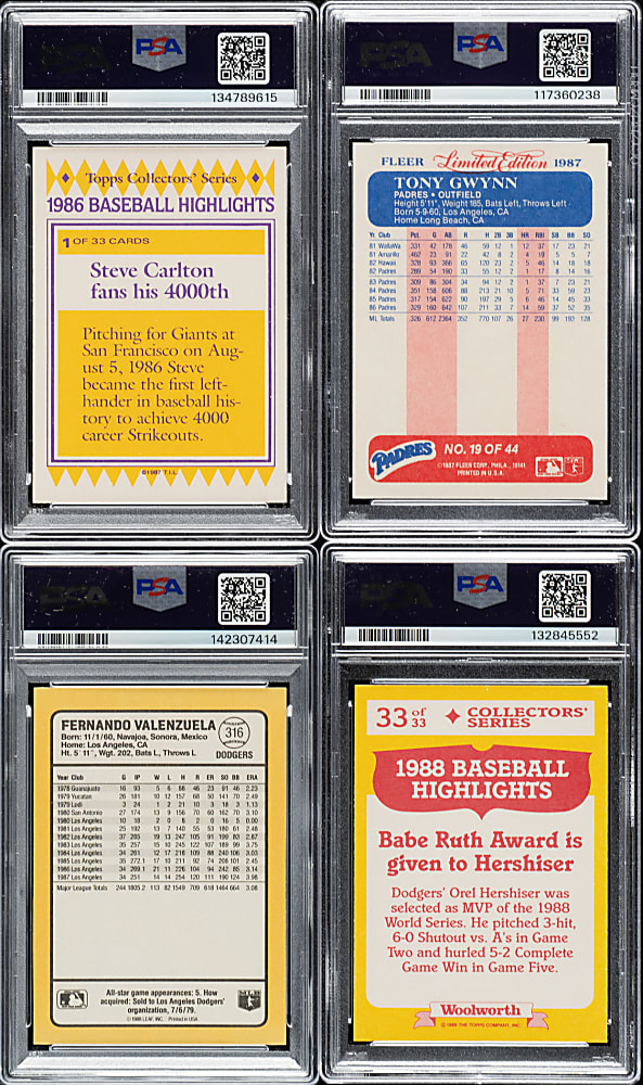 1987 to 1989 Topps Woolworth, Fleer, and Donruss PSA GEM MINT 10 Collection (4) Including Steve Carlton and Tony Gwynn