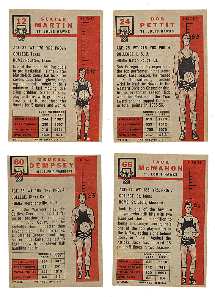 1957-1958 Topps Basketball Collection (4): Slater Martin Rookie, Bob Pettit Rookie, George Dempsey, and Jack McMahon