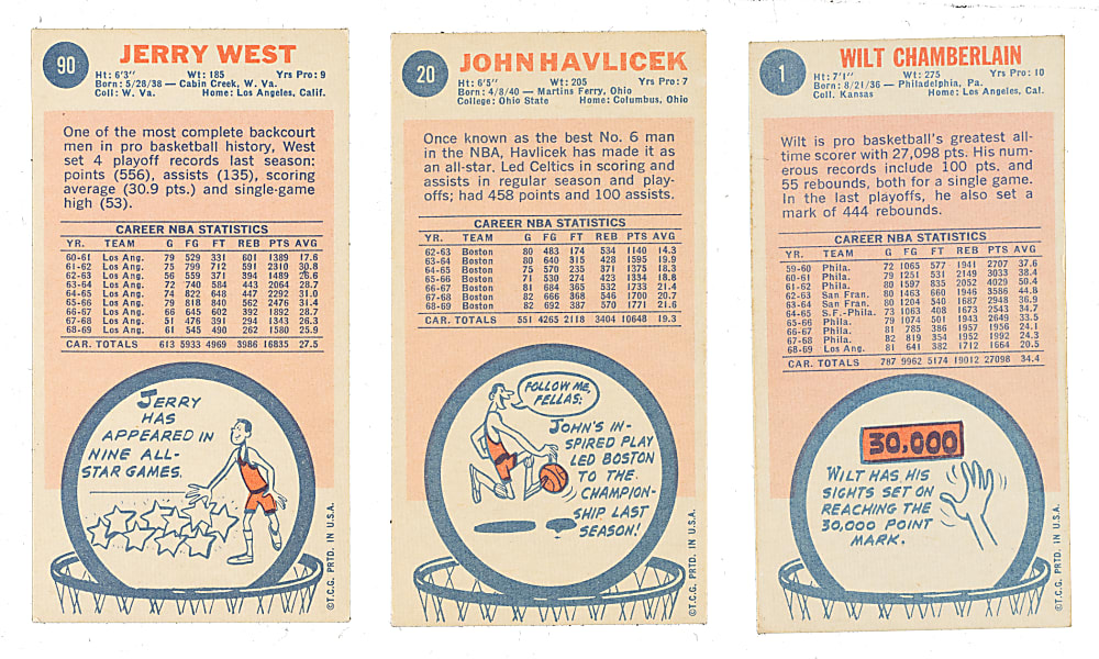1969-1970 Topps Basketball Hall of Fame Trio: Wilt Chamberlain, Jerry West, and John Havlicek Rookie