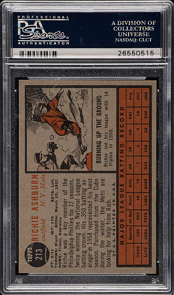 1962 Topps #213 Richie Ashburn PSA NM-MT 8