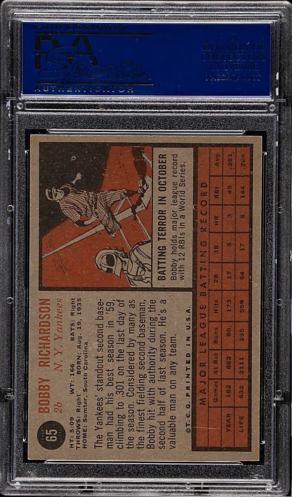 1962 Topps #65 Bobby Richardson PSA NM-MT 8