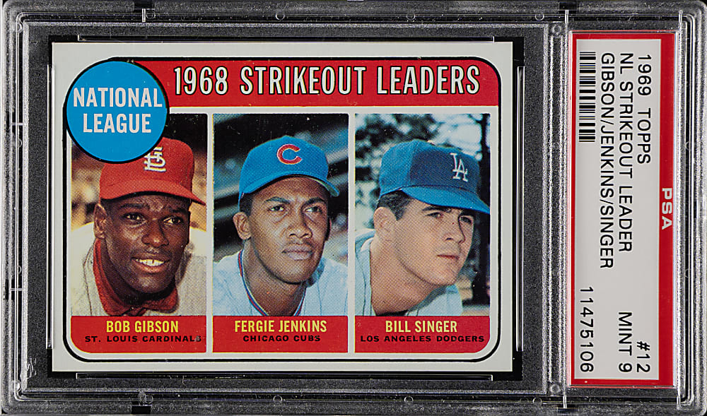 1969 Topps #12 NL Strikeout Leaders with Fergie Jenkins and Bob Gibson PSA MINT 9