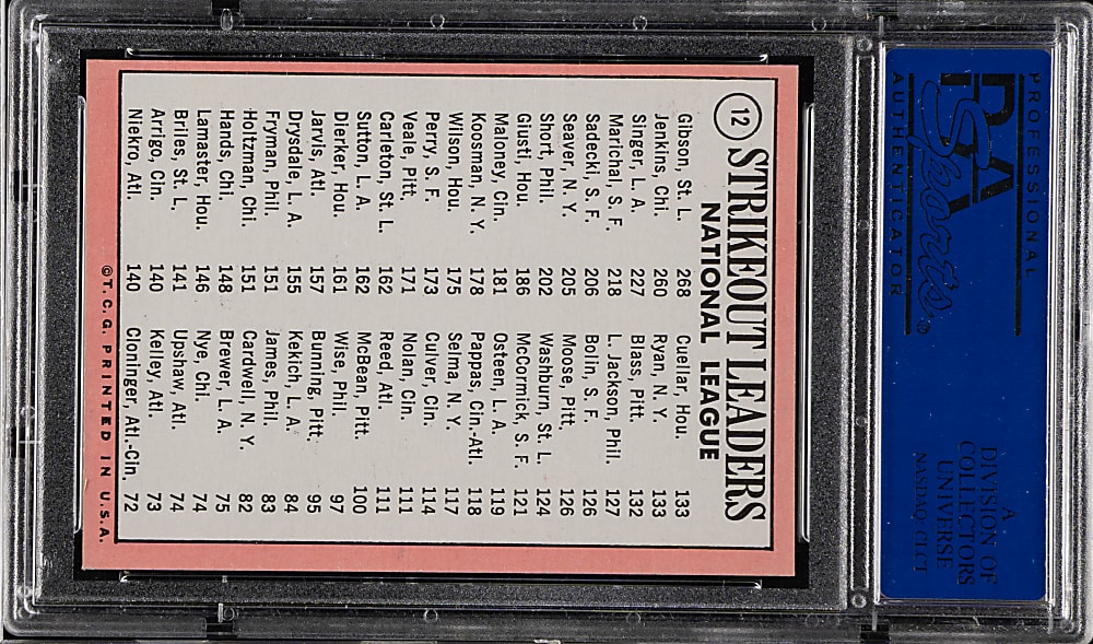 1969 Topps #12 NL Strikeout Leaders with Fergie Jenkins and Bob Gibson PSA MINT 9