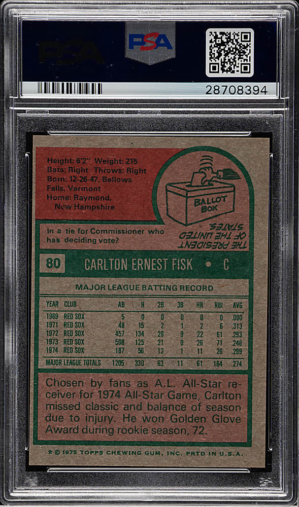 1975 Topps #80 Carlton Fisk PSA MINT 9
