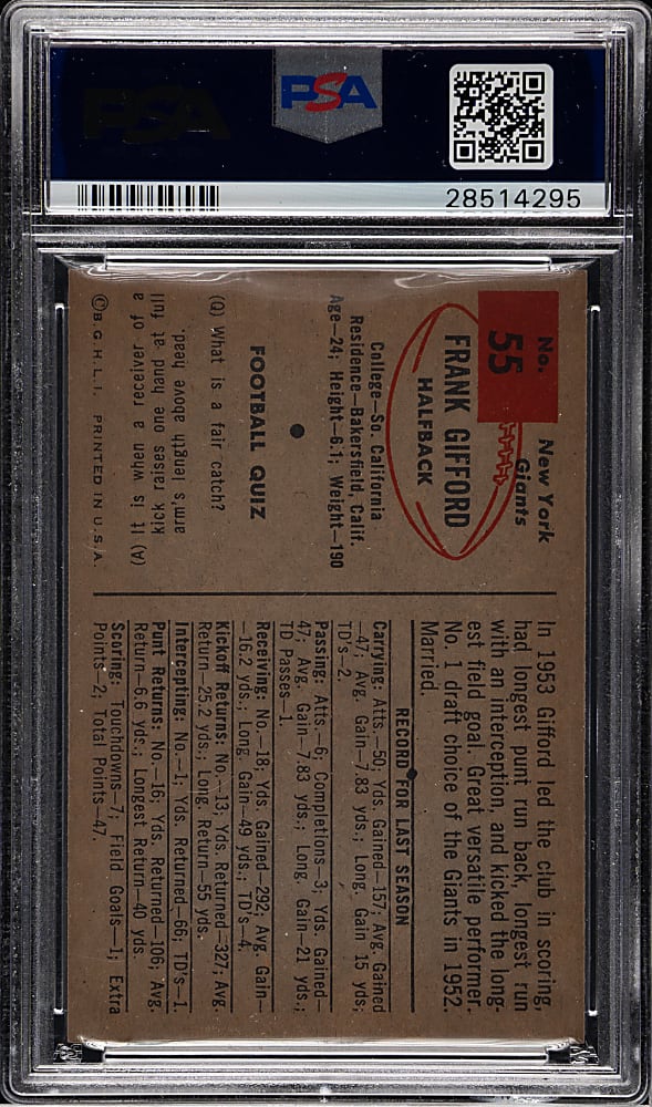 1954 Bowman Football #55 Frank Gifford PSA NM-MT 8