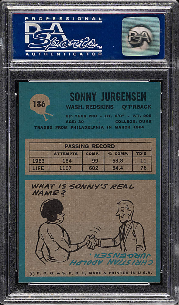 1964 Philadelphia Football #186 Sonny Jurgensen PSA NM-MT 8