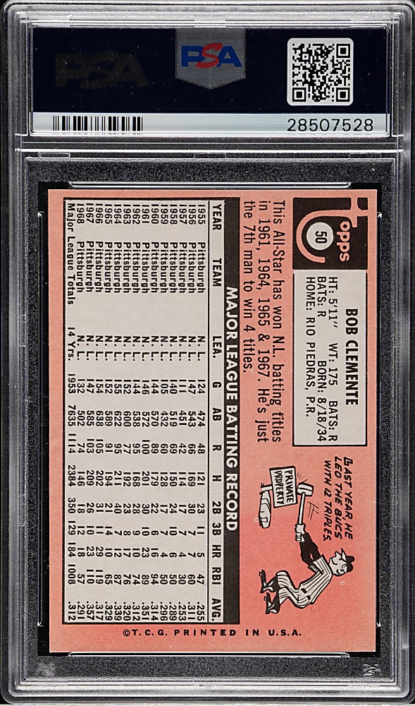 1969 Topps #50 Roberto Clemente PSA MINT 9 (OC)