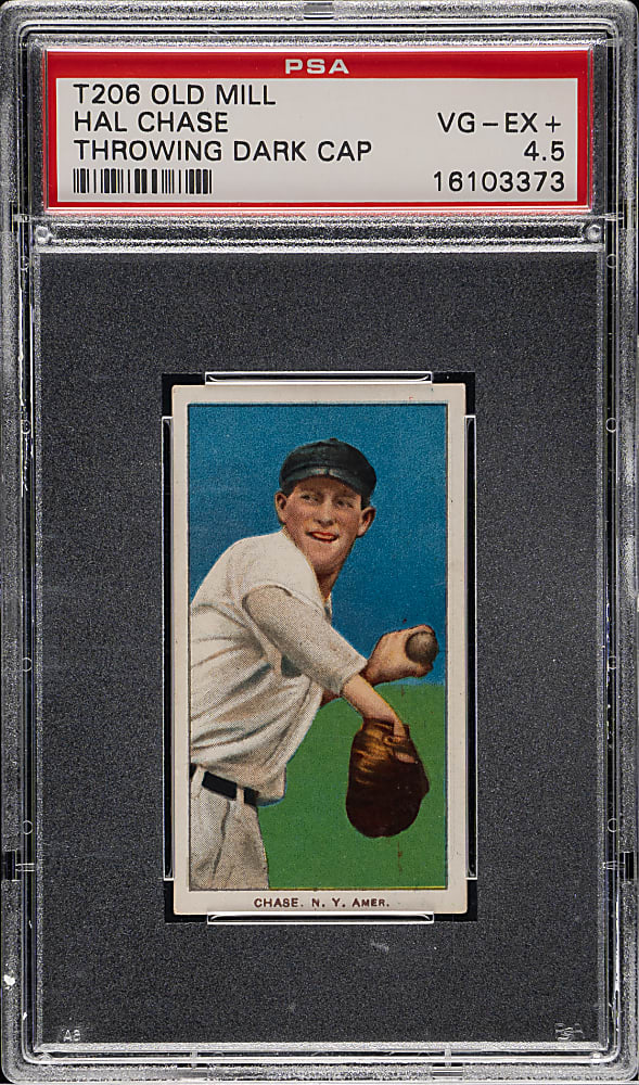 1909-1911 T206 White Border Hal Chase Throwing Dark Cap PSA VG-EX+ 4.5 - Old Mill Back