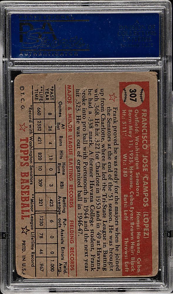 1952 Topps #307 Frank Campos PSA POOR 1 - Rare "Black Star On Back" Variation