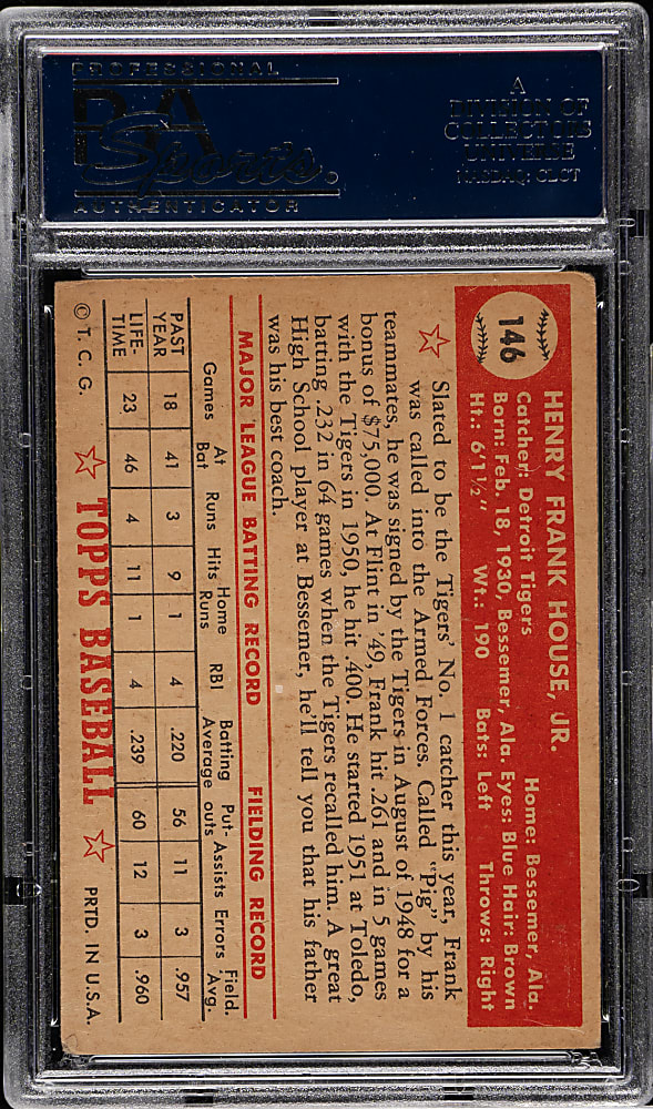 1952 Topps #146 Frank House PSA POOR 1 - Rare "Yellow Tigers Logo" Variation
