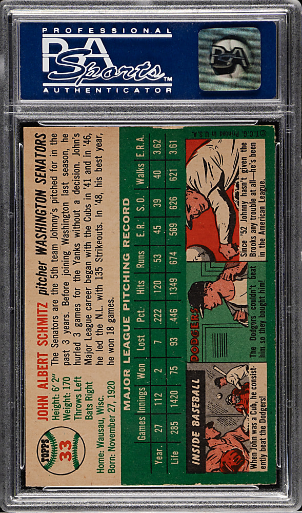 1954 Topps #33 Johnny Schmitz PSA NM-MT 8