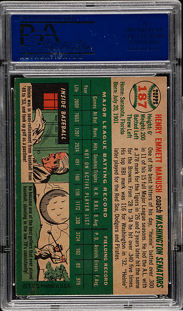 1954 Topps #187 Heinie Manush PSA NM-MT 8